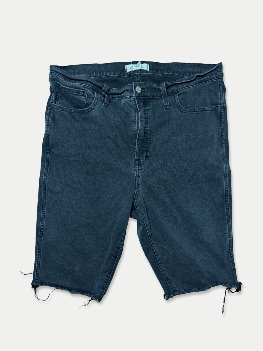 Madewell Roadtripper Biker Shorts 32 Black High Rise Raw Hem Stretch Denim